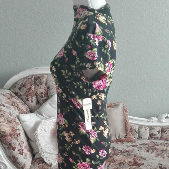 FLORAL PRINT MOCK NECK BLACK MID DRESS ANASTASIA - Picture 4 of 8